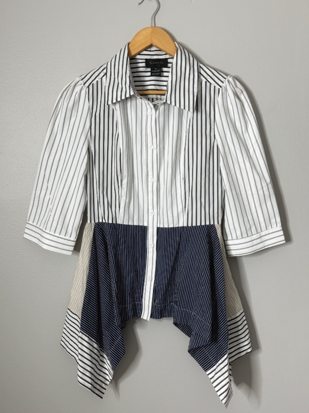 Gracia Blouse Striped Button Front Edgy Asymmetrical Hem White Blue Black Grey